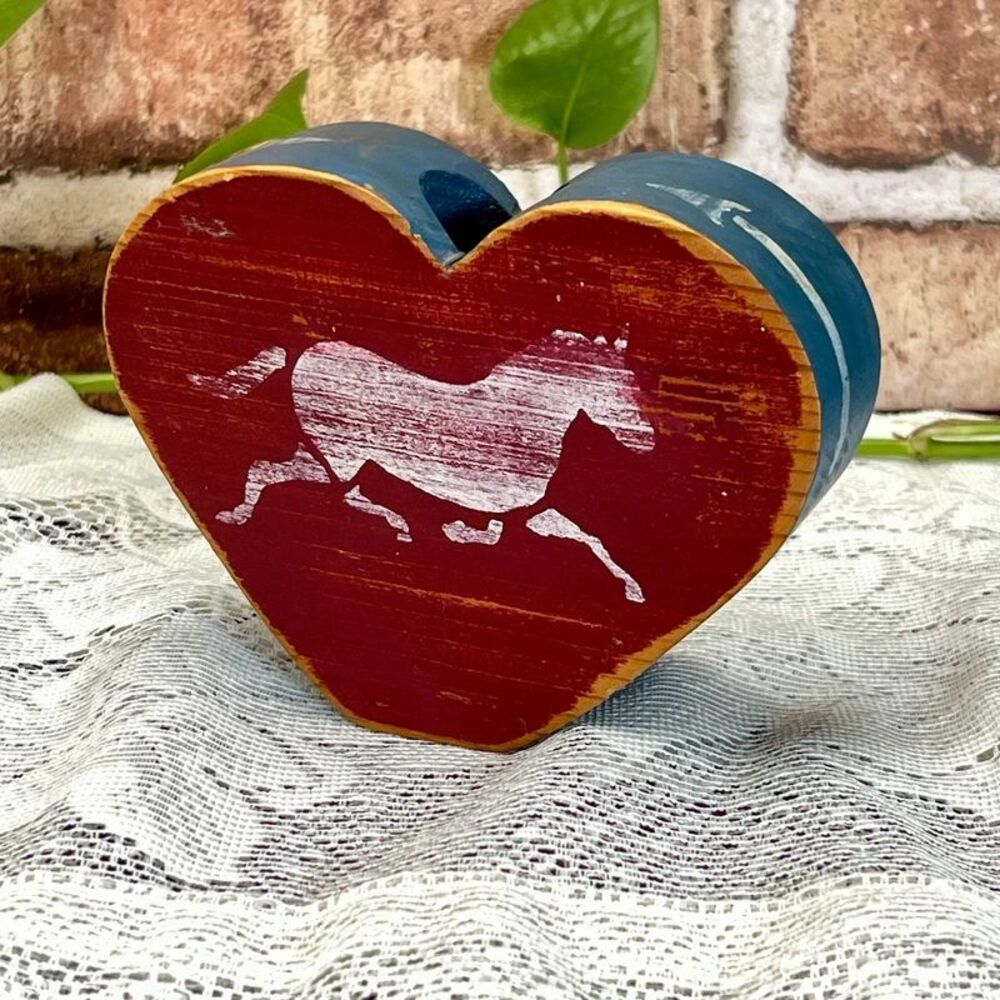 VTG Hand Painted Wood Heart Horse Small Candle Holder Cottage Farmhouse